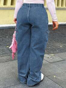 Women's Workwear Wide-Leg Jeans - Mid-Waist Drawstring Waistband Multi-Pocket Work Pants, Fashionable Casual And Social Outing - 中等水洗藍 - 查看 6