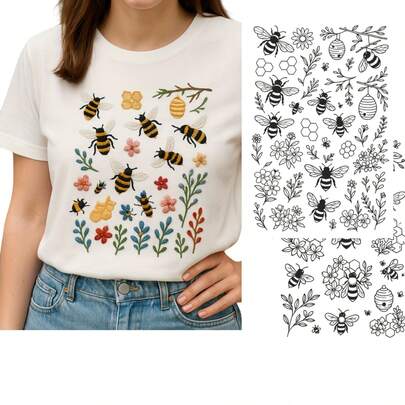 2pcs Water Soluble Embroidery Patterns, Self-Adhesive Stabilizer, A4 Size, Washable, Pre-Printed Bee And Plant Patterns, Hand Sewing Stabilizer For Embroidery Handmade Enthusiasts