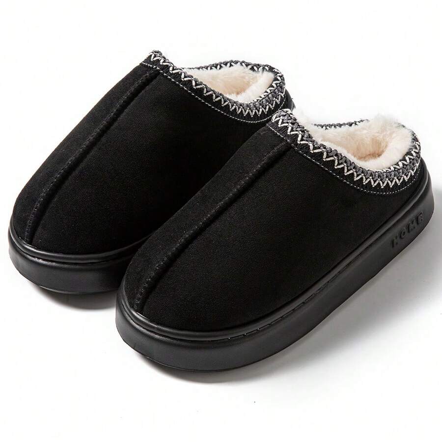 A Pair Of New Winter Casual, Cute And Sweet Style Women's Slippers With Added Fleece And Thickening, Comfortable, Soft And Warm Inner Shoes, And Large-Sized Indoor Silent And Anti-Slip Men's Slippers For Couples - màu đen - Xem 1
