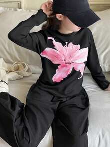 女童宽松黑色T恤，花卉印花，荷叶边装饰，休闲百搭，2025春秋款 - 黑色 - 查看 1