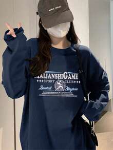 女款寬鬆版型卡通印花長袖T恤，春秋兩季百搭 - 藏蓝色 - 查看 3
