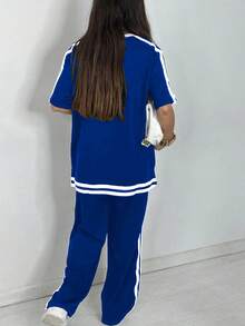 大码女式休闲T恤+侧条纹口袋阔腿裤套装，优雅夏季款 - 藍色 - 查看 5
