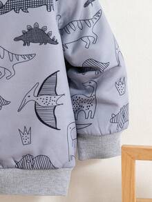 Jaqueta com Capuz de Fleece com Zíper e Estampa de Dinossauro Casual para Meninos, Adequada para Uso Externo, Outono/Inverno - Cinza - Visão 7