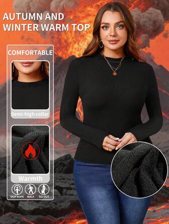 1pc Plus Size Fleece Turtleneck Long Sleeve Top, Solid Color Casual Slim Fit Versatile Undershirt, Suitable For Outerwear, Sports, Yoga