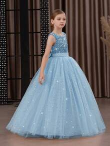 Tween Girl Sequin 3D Bow Tulle Party Dress, Elegant Blue Christmas Party Princess Dress, Suitable For Girls Birthday Party, Prom, Wedding Bridesmaid, Thanksgiving, Graduation