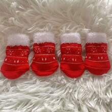 4 件套圣诞麋鹿、雪花和雪人图案宠物袜子，适合小猫和小狗 - 玫瑰紅 - 查看 6