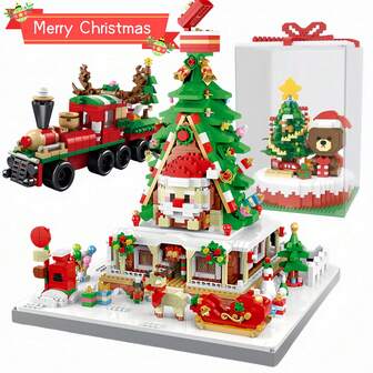 Christmas Building Block Castle, Christmas Teddy Bear, Creative Building Block Decor, Hanging Ornament, Christmas Train/Santa Claus Figure Model, Includes ABS Material Photo Frame, Living Room Christmas Hanging Decor, Desktop Decorative Ornament. Exquisite Gift Box Packaging, A Very Creative Christmas Gift For Family And Friends.