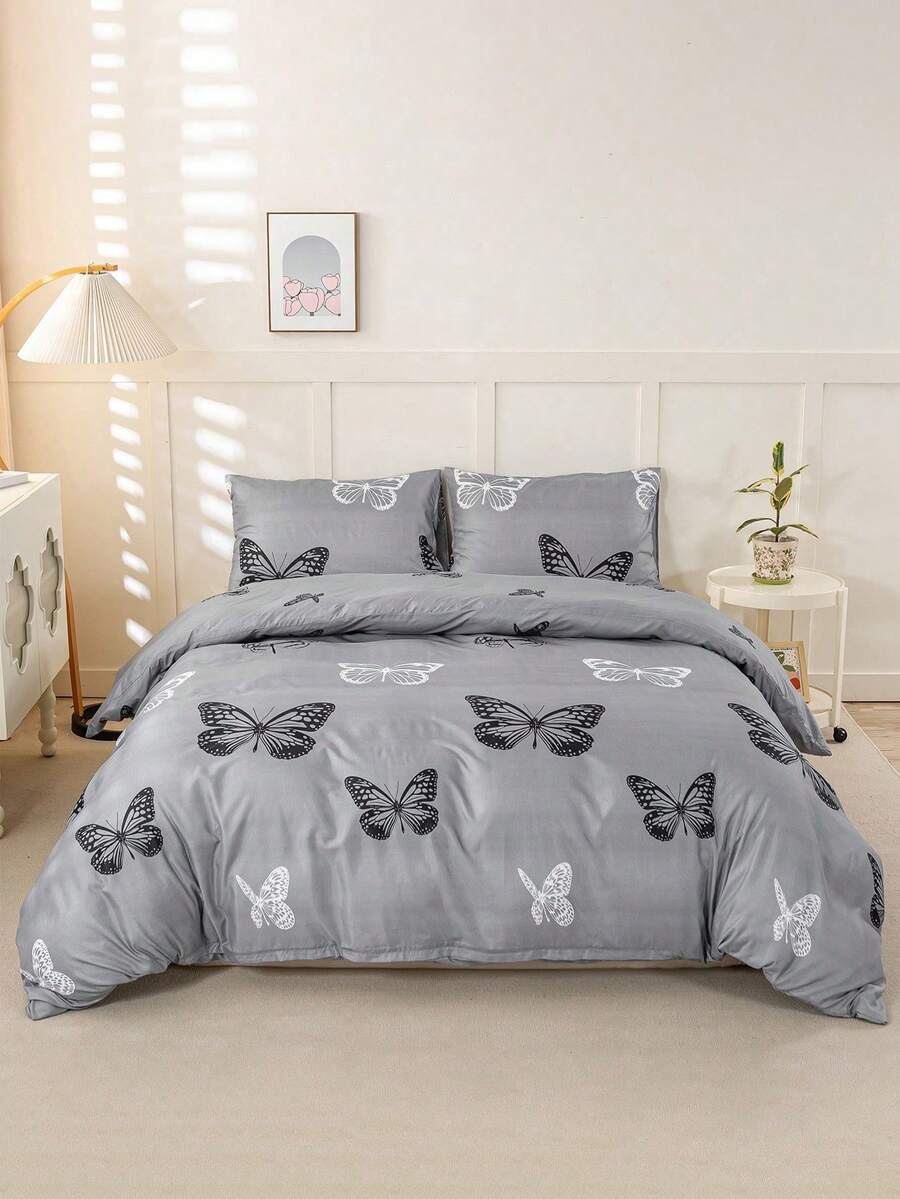3pcs/Set Butterfly Pattern Duvet Cover Set(1 Duvet Cover & 2 Pillowcase)Soft And Skin-Friendly Duvet Cover Bedding Set For Home, All Season Bed Sheets Set - Multicolor - View 1