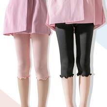 4 Pairs Summer Girls/Kids/Infants Ruffle Edge Capri Leggings, White/Gray/Black/Pink Solid Colors, Thin 3/4 Length Pants, Casual Cute Fashion, Soft & Comfortable Bottoms, Suitable For Daily Wear, Can Be Paired With Tops Or Skirts