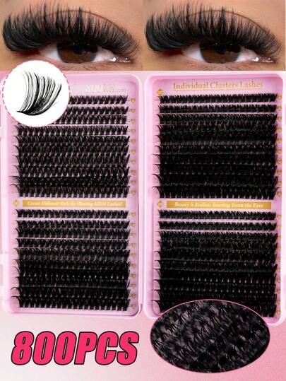 800/600pcs Cluster D Curl Lash High Capacity DIY Eyelash Extensions Book Suit For Beginner, +5pcs Makeup Sponges Long Lasting Individual Lashes Mixed Style Lash Clusters Extensions DIY Cluster Lash At Home Makeup Beauty Fake Lash Extensions For Enlarge Your Eyes, DIY At Home, Large Capacity Eyelashes Book, Suitable For Cosplay, Wedding, Night Party, Stage Makeup Beauty (10D-20D-30D-40D/50D-60D-80D-100D) Lash Clusters, Eyelash Clusters, Individual Eyelashes, Lashes, Fake Lashes