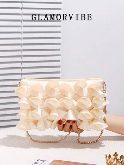 حقيبة مسائية أنيقة بتصميم بتلات الزهور الرجعي للنساء، حقيبة حفلات أنيقة وجذابة بتصميم البتلات، حقيبة مسائية بتصميم الكشكشة، مناسبة للزفاف والعطلات والحفلات الرسمية وحفلات التخرج وهدايا النساء