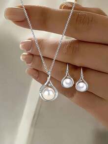3 件 S925 纯银方晶锆石珍珠项链首饰套装，优雅珍珠和方晶锆石项链及耳环套装，复古性感风格，完美的情人节礼物 - 珍珠 - 查看 7