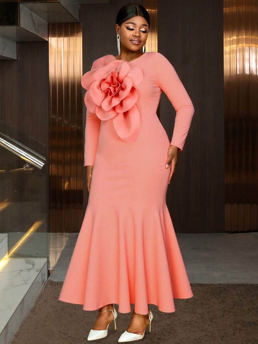 Curve Plus Dresses Women Pink Round Neck Long Sleeve Big 3D Flower Bodycon Mermaid Long Dress Evening Party
