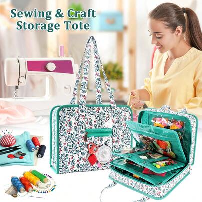 1pc Fashion Leaf & Fruit Print Cross Stitch Thread Storage Bag, Multiple Compartments And Zipper Pockets To Organize Cross Stitch Supplies, Portable Embroidery Accessory Organizer Bag, Ideal Gift For DIY And Cross Stitch Enthusiasts