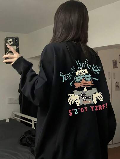 女士宽松棉质字母卡通鸭子印花长袖T恤，百搭春秋季