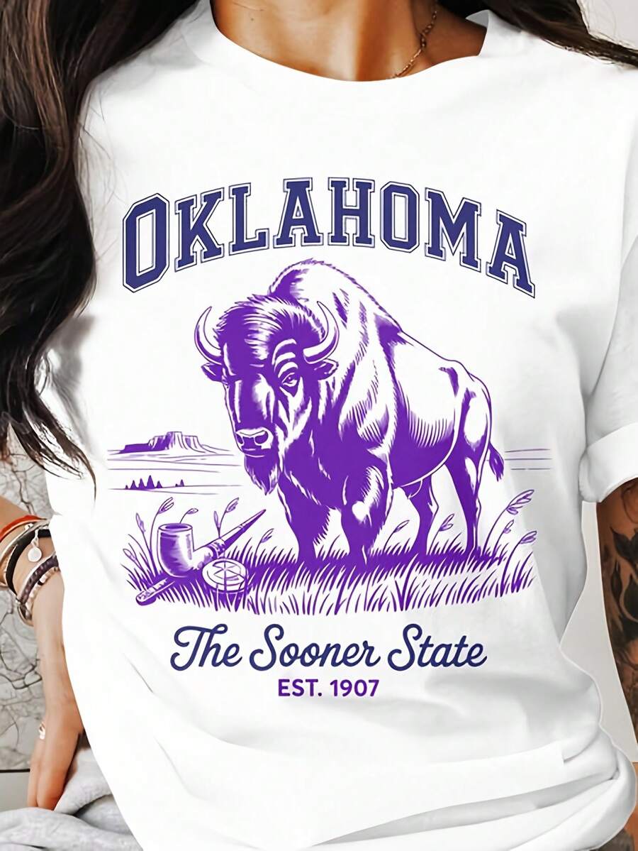 Oklahoma The Oner State Buffalo T Shirt, Bin Vintage Graphic , Oklahoma Pride, Retro State Symbol Shirt, Established 907220g White Cotton Short Sve T-Shirt Is The Best Gift For , Best , Relats, Let Them Feel Cool And Comfortable In Summer - 白色5 - 查看 1