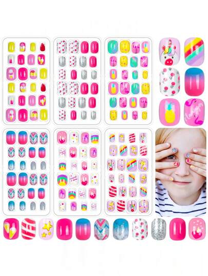 （144片和24片）儿童假指甲，女孩人造指甲，儿童按压式指甲，全覆盖短款亚克力粘贴式假指甲套装，适合儿童和小女孩美甲装饰（粉色）美甲用品