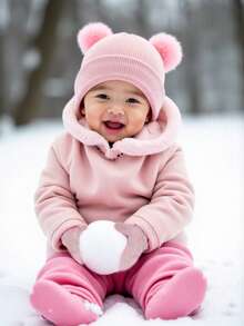 2件套可爱针织毛球婴儿帽和加厚保暖护耳帽套装，包含儿童手套和帽子，适合1-3岁幼儿，冬季适用 - 多色 - 查看 5