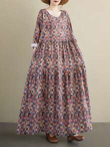 AZAH Bluzki, Jesienna sukienka damska, Kraciasta sukienka jesienna, Sukienka na powrót do szkoły, Jesienna, Nowa, Retro, jesienna sukienka z okrągłym dekoltem i długimi rękawami (2025), Plisowana spódnica, Jesienna odzież damska, Czeska, swobodna sukienka plażowa na wakacje, Jedna sukienka, Losowy nadruk