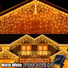 1 pieza Luces de cadena con energía solar, 97/160 luces de carámbano solares LED, luces de hadas impermeables para exteriores, luces de cortina para jardín, patio, Halloween, Navidad, Acción de Gracias, fiestas, campamentos, bodas y cumpleaños - Impermeable, 8 modos de parpadeo