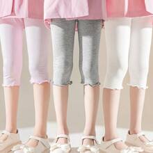 4 Pairs Summer Girls/Kids/Infants Ruffle Edge Capri Leggings, White/Gray/Black/Pink Solid Colors, Thin 3/4 Length Pants, Casual Cute Fashion, Soft & Comfortable Bottoms, Suitable For Daily Wear, Can Be Paired With Tops Or Skirts