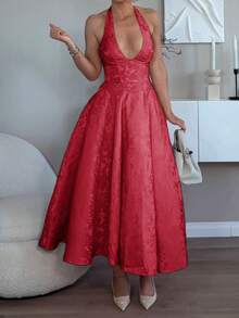 Unadoll Women's Winter Sexy Bareback Hanging Neck Collar Strap 3D Jacquard Fabric Elegant Dress, Suitable For Dinner, Date, School Start, Cocktail Party, Wedding Event, Christmas, Thanksgiving