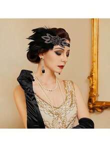 1920s Flapper Costume Accessories Set, Includes Headband And Long Gloves, Suitable For Parties, Balls, Galas, Vintage Events, Formal Occasions, Social Gatherings And Celebrations; 1920s Flapper Feather Headband; 1920s Sequin Showgirl Headpiece Women Hair Band - Black - View 14