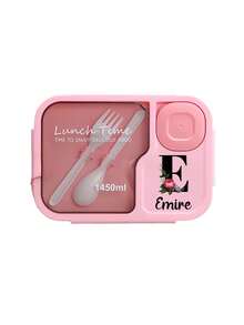 1 pieza Caja de almuerzo de gran capacidad con nombre personalizado, Caja de almuerzo para adultos de 1450ml, de tres compartimentos, a prueba de fugas, impresa con flores rojas e iniciales negras de la A a la Z, Caja de almuerzo personalizada, con cubiertos incorporados y compartimento separado para salsa