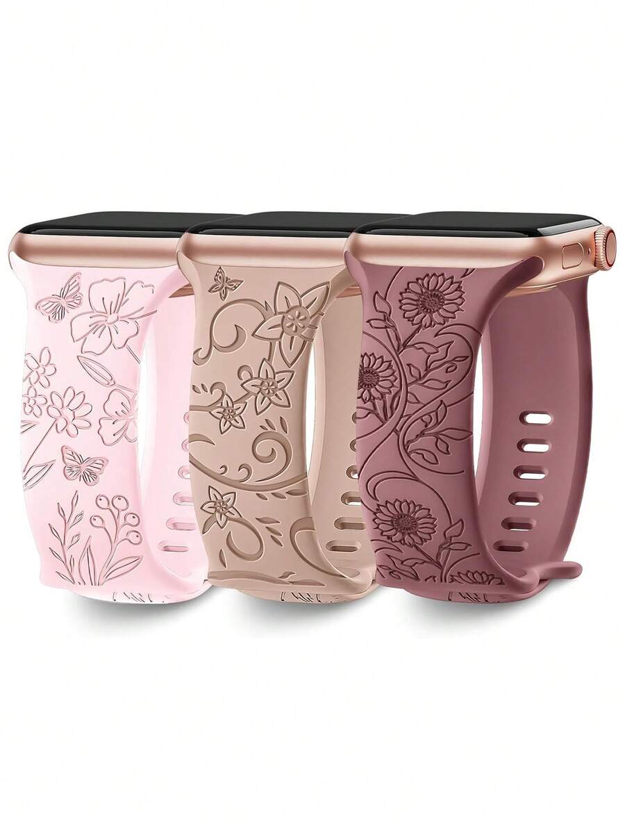 3pcs Floral Carved Compatible Bands, Fits 40mm, 41mm, 38mm, 42mm, 44mm, 45mm, 49mm (S10 42mm) (S10 46mm), Silicone Material, Cute Wild Flower Pattern, Sports Strap, Compatible With S10, S9, Ultra, SE, 8, 6, 5, 4, 3, 2, 1 - Set 1 - View 1