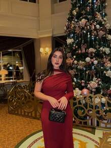 Vestido de mujer de unicolor, de manga larga, con dobladillo oblicuo fruncido, sexy, para vacaciones, fiestas, Navidad, otoño/invierno