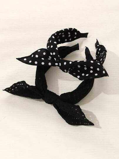 2pcs Women's Elegant Polka Dot Print Rabbit Ear Headband, Black & White, Suitable For Daily, Valentine's Day, Party, Matching Outfit
