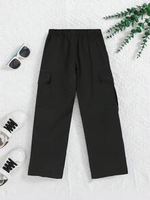 1 pieza Pantalones cargo de pierna recta larga de poliéster de unicolor simple y casual con múltiples bolsillos, adecuado para niñas de 4 a 7 años, otoño/invierno - Negro - Ver 4
