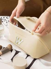 PU Leather Waterproof Cosmetic Bag, Lettered Cosmetic Bag,Multifunctional Travel Storage Bag, Large Capacity Double Layer Cosmetic Bag,Makeup Bag,Travel Essential - Multicolor - View 5