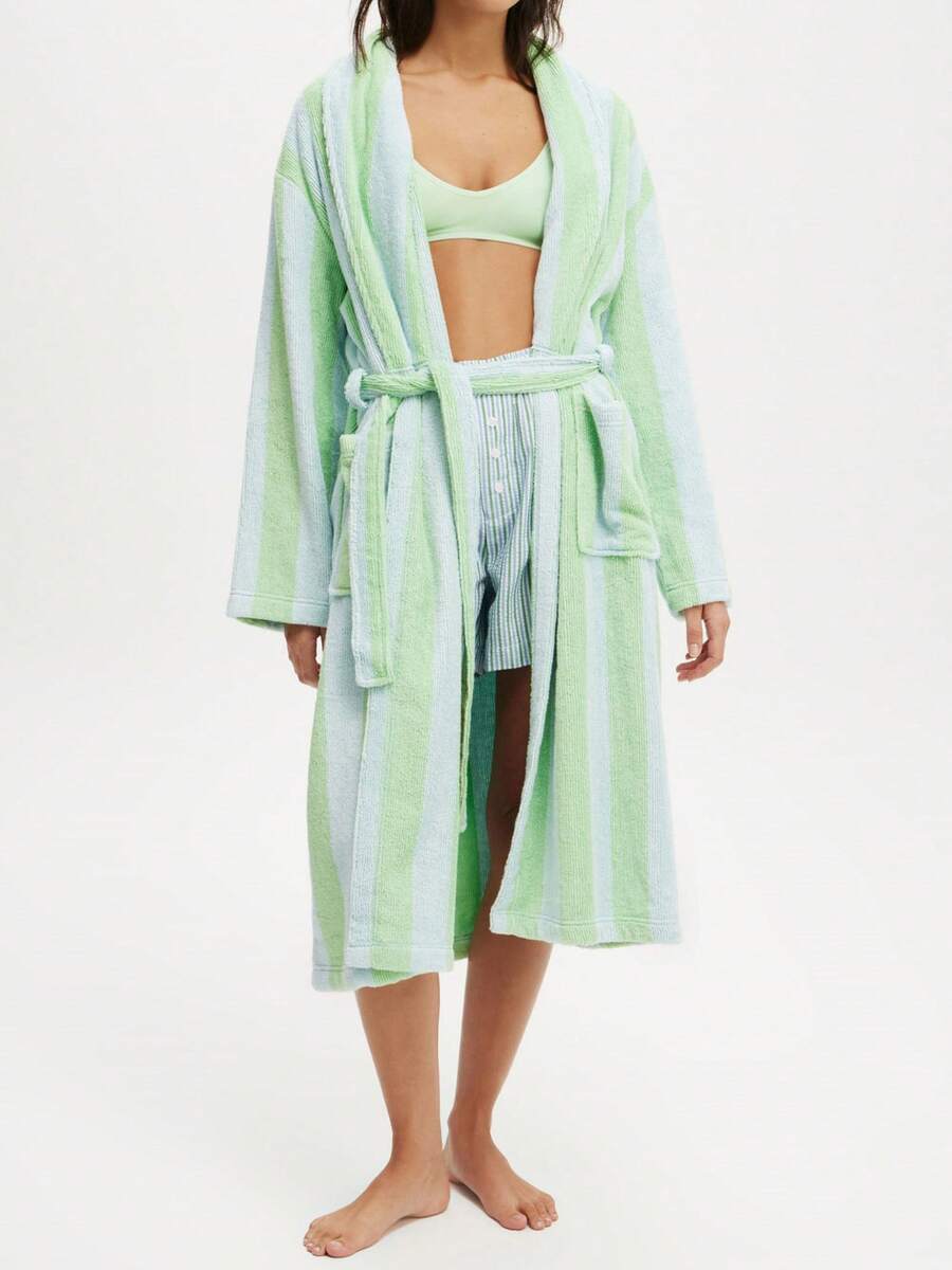 Women Y2k Fluffy Fuzzy Cozy Warm Lightweight Bathrobe With Belt Shower Spa House Long Robe Striped Floral Print Shawl Collar Bathrobe With Pockets Towel Robes Loungewear Quick Dry - Màu xanh Bạc hà - Xem 1