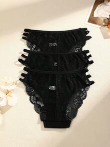 3件套纯色蕾丝拼接细肩带镂空性感浪漫女士内裤 - 彩色 - 查看 2