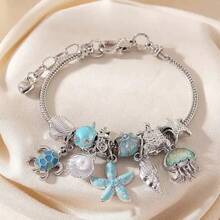 1件陶瓷海星、珍珠、扇贝、海豚、海龟串珠手链，海洋主题饰品，适合女性，夏季海滩度假，DIY佩戴 - 彩色 - 查看 4