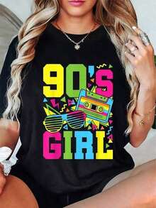 90's Girl Retro 1990s 90s Style Party Outfit Women Girls T-Shirt Round Neck Short Sleeve T-Shirt Wom Graphic Tees Cute Summer Women Tops Puppy Kepp Black - 黑色 - 查看 2