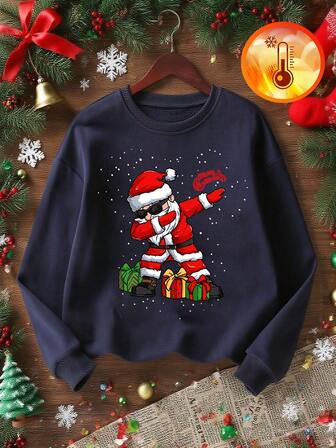 1pc Tween Boy Christmas Santa Claus Graphic Crew Neck Sweatshirt, Young Student Outfit For Christmas Eve, Unisex Kids Tops