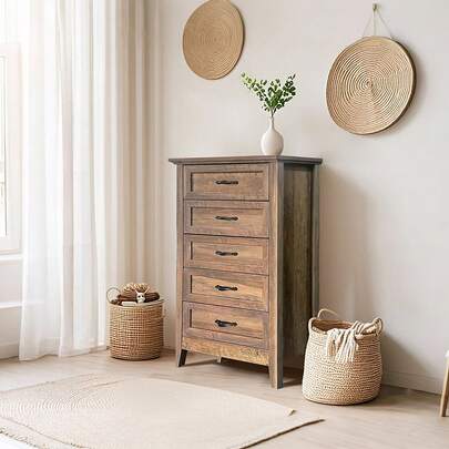 Techigher 5 Drawer Dresser For Bedroom,Chest Of Drawers,Tall Dresser,Wood Vintage Storage Organizer For Closet Living Room Bedroom Entryway Hallway