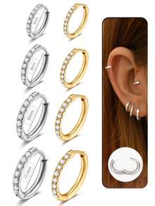 14K Gold Plated Stainless Steel Huggie Hoop Earrings,Dainty Pave Cubic Zirconia Cartilage Tiny Earring For Sensitive Ears Hypoallergenic Lightweight For Women Banquet Date Gift Fashion Jewelry For Multi-Party Wear 6mm 8mm10mm12mm Multiple Sizes