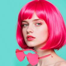 2pcs/Set Bright Color Short Bob Wig With Heart-Shaped Glasses, Cute Cosplay Party Accessories, Fashion Basic Wig For Daily Wear, Halloween
