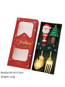 2pcs/Set Cute Christmas Spoon + Christmas Fork - Santa Claus Figurine Spoon + Fork Set - Cartoon Adorable Christmas Gift Set