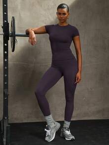 PinkTip Seamless Shaping Set - Solid Color Sports Top And High Waist Leggings, Suitable For Yoga And Running Summer - Purple - View 5