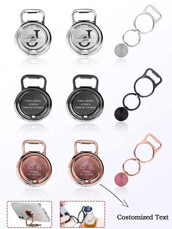 1 PC Personalized Custom Portable Metal Double-Ring Creative Foldable Metal Phone Stand – A Stylish, Multifunctional Phone Ring Holder With A Bottle Opener, Which Also Works As A Desktop Live Streaming Support Rack. Ideal For Daily Use, It Makes A Perfect Gift For Boyfriends, Girlfriends, Family Members And Elders, And Is Also Excellent As A Corporate Promotional Gift Or Party Favor.