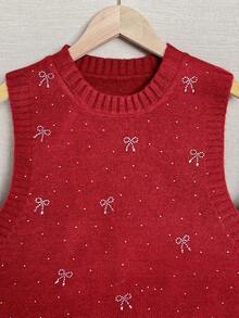 Wixra Rompi Sweater Merah Lucu dengan Hiasan Pita Berlian Imitasi Terbaru untuk Wanita, Cardigan Rajut Longgar, Gaya Romantis untuk Kencan Natal - Merah - View 4