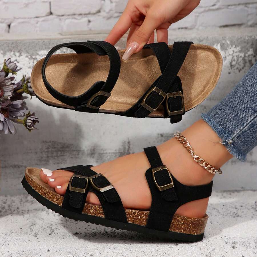Womens Sandals Stylish Adjustable Buckle Crisscross Laces Cork Summer - 黑色 - 查看 1