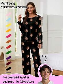 定制女士睡衣套装，新颖独特的大头照，情侣脸可替换，节日气氛浓厚，色彩缤纷，可爱迷人，简约时尚，趣味十足，可定制，独一无二，个性化设计，送给他的理想礼物，送给她的理想礼物，男友，女友，家人，朋友，她，色彩缤纷，可爱迷人，简约时尚，可定制，独一无二，个性化设计，送给他的理想礼物，送给她的理想礼物，男友，女友，家人，朋友，她，冬季，睡衣