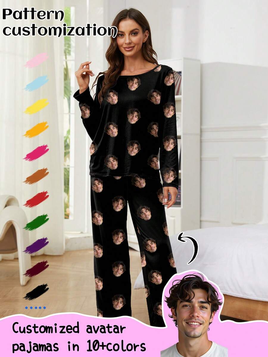 定制女士睡衣套装，新颖独特的大头照，情侣脸可替换，节日气氛浓厚，色彩缤纷，可爱迷人，简约时尚，趣味十足，可定制，独一无二，个性化设计，送给他的理想礼物，送给她的理想礼物，男友，女友，家人，朋友，她，色彩缤纷，可爱迷人，简约时尚，可定制，独一无二，个性化设计，送给他的理想礼物，送给她的理想礼物，男友，女友，家人，朋友，她，冬季，睡衣