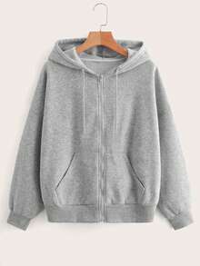 Sudadera informal para mujer con cremallera, hombros caídos, forro térmico y cordón ajustable para una comodidad informal diaria y un estilo de otoño/invierno. - Gris - Ver 2