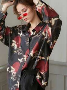 Women's Digital Print Casual Blouse, Couple's Date, Bird Pattern, Long Sleeve Button-Up Shirt, Spring/Autumn - màu đen - Xem 2